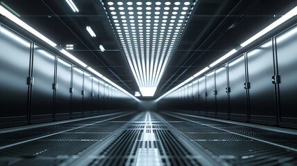 Exploring a Data Center Server Room with Rows of Illuminated Racks