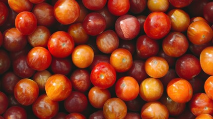 Close-up view of many small, vibrant red and orange tomatoes.