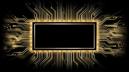 Stylized image of a golden microchip with a rectangular dark space for text and glowing traces on a dark background, representing modern technology.