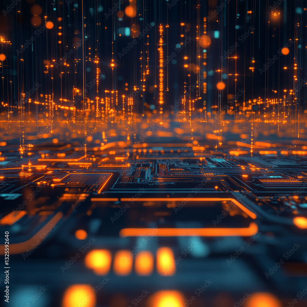 Poster futuristic abstract digital network with glowing data streams and energy flow