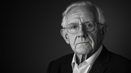 Elderly caucasian male with glasses in thoughtful black and white portrait