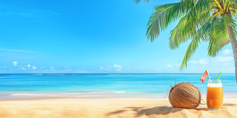 Foto einer Strandvorlage im Sommer mit  Sandstrand, Sommerdekoration mit frischem Softgetr&auml;nk, Cocktail, Papierfahne und Kokospalme, klarer blauer Himmel im Hintergrund