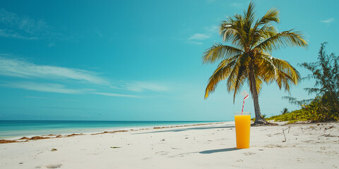 Foto einer Strandvorlage im Sommer mit  Sandstrand, Sommerdekoration mit frischem Softgetr&auml;nk, Cocktail, Papierfahne und Kokospalme, klarer blauer Himmel im Hintergrund