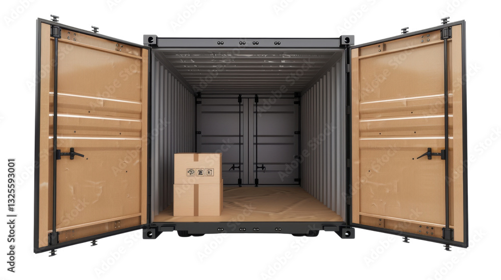 Fototapete open shipping container showing cardboard box inside on transparent background