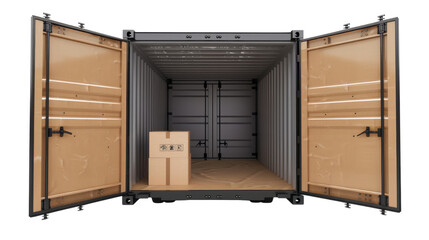 Open shipping container showing cardboard box inside on transparent background