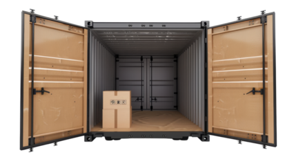 Open shipping container showing cardboard box inside on transparent background