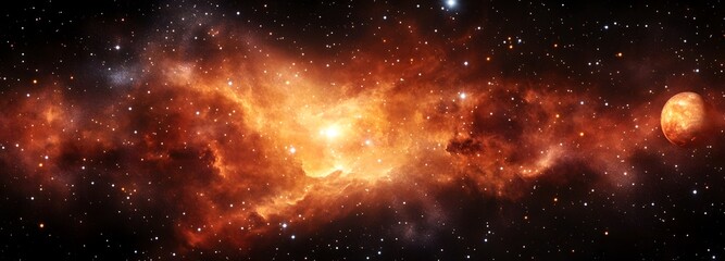 Fototapeta premium A space explorer floating in front of a massive, glowing nebula, with distant stars and planets in the background