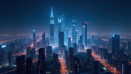 Fototapeta premium Modern City Skyline Illuminated at Night