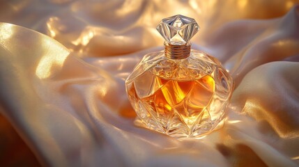 Elegant crystal perfume bottle on luxurious satin fabric with golden glow
