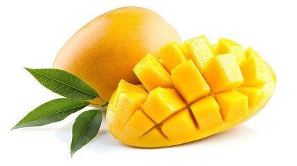 Fototapeta premium Ripe yellow Mango with cut in half and green