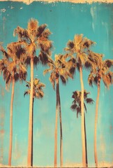 Obraz premium Vintage Style Palm Trees Against a Bright Blue Sky with Textured Weathered Background Ideal for Summer or Tropical-Themed Projects