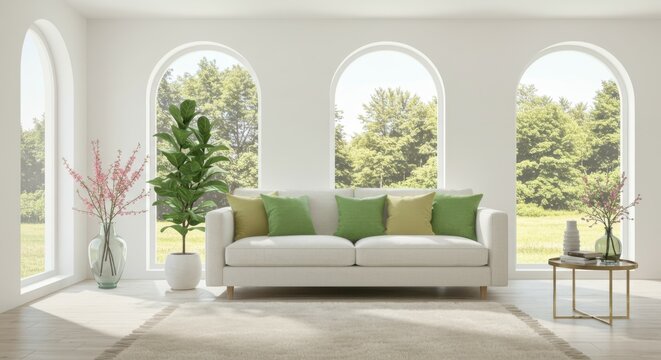 Bright modern living room, large arched windows, white brick walls, natural light, minimalist white sofa, green throw pillows, potted fiddle leaf fig tree, pink floral arrangement, hardwood floors, ai