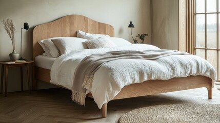 Cozy Bedroom with Wooden Bed Frame and Soft Bedding