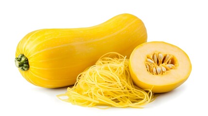 Whole and cut spaghetti squashes on white