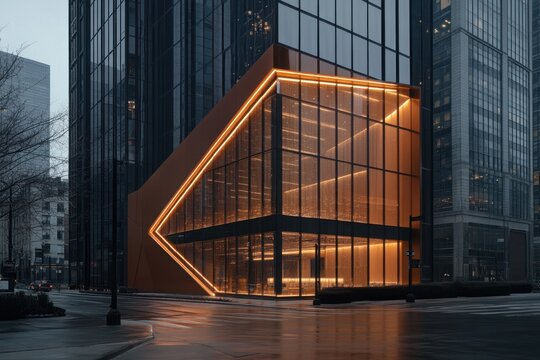 Modern architectural storefront of a business building, illuminated by warm amber lighting
