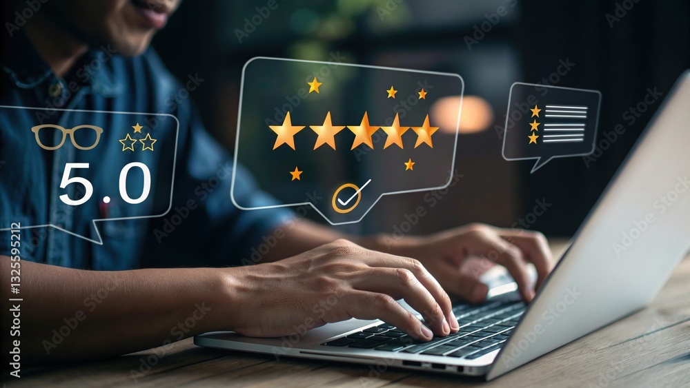 Poster customer feedback and service: a person provides a positive rating, expressing satisfaction and the 