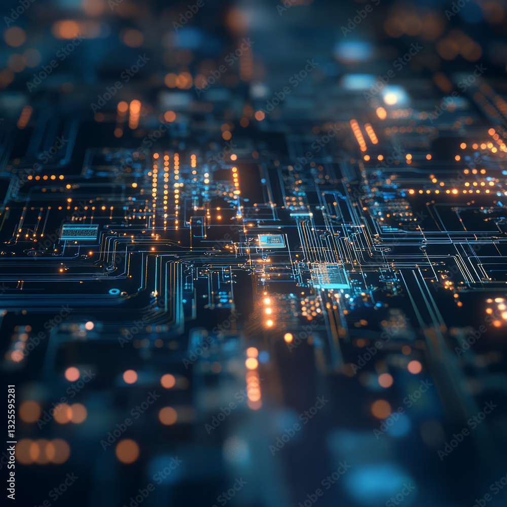 Poster glowing circuit board with blue and orange lines representing data flow