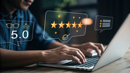 Naklejka premium Customer feedback and Service: A person provides a positive rating, expressing satisfaction and the value of product through a user interface with star icons on a laptop.