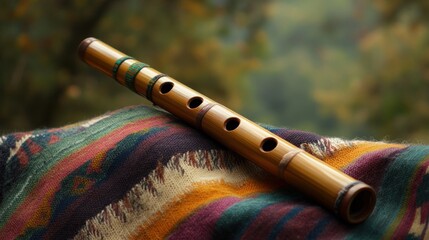 Fototapeta premium Handcrafted bamboo flute resting on a colorful blanket