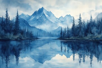 Majestic mountains reflected in a serene lake surrounded by tall evergreen trees