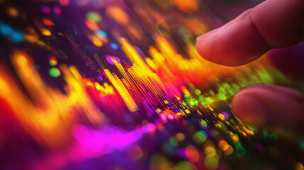 Finger touching vibrant data visualization with purple and orange glow