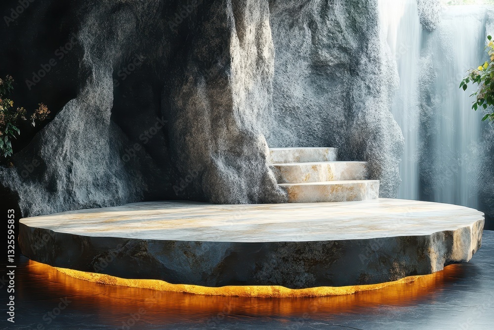Poster unique circular stone platform with glowing edge and waterfall backdrop in a serene natural setting