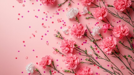 Vibrant pink carnations with confetti floral art display studio setting aesthetic inspiration