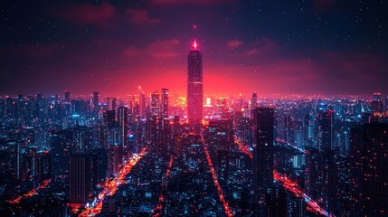Fototapeta premium Night cityscape with skyscraper illuminated in red.