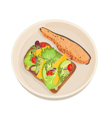 Healthy meal of grilled steak salmon with avocado toast on top with salad and orange.