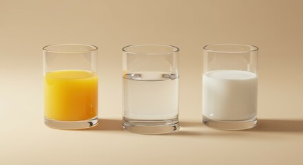 Glass containers, beverages, minimalist setup, studio lighting, neutral background, orange juice, water, milk, side-by-side comparison, clean aesthetic, product photography, contrasting liquids, trans
