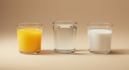 Glass containers, beverages, minimalist setup, studio lighting, neutral background, orange juice, water, milk, side-by-side comparison, clean aesthetic, product photography, contrasting liquids, trans