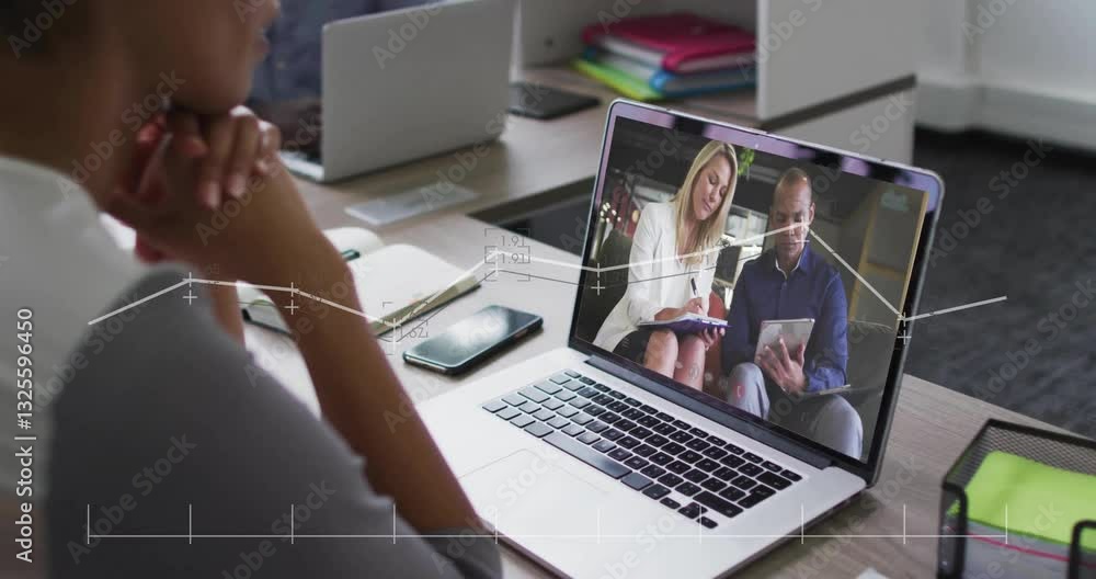 Poster laptop showing animation of data analysis graphics during business meeting call