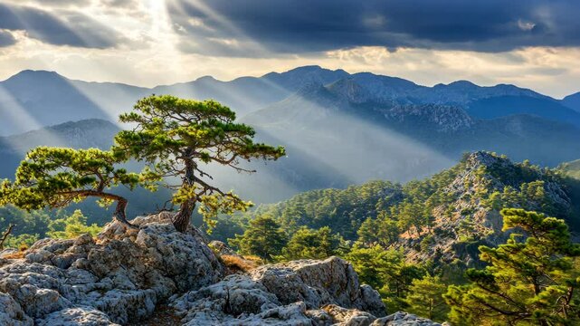 Serene mountain landscape with sunlight streaming through clouds over dramatic peaks and unique trees