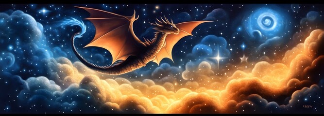 A majestic, glowing dragon flying through a celestial sky filled with swirling galaxies and distant stars