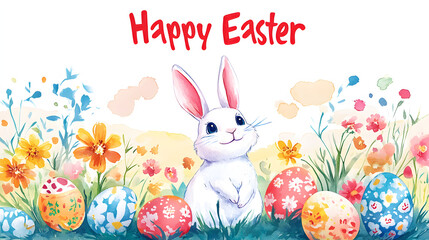 Obraz premium easter, bunny, rabbit, egg, spring, eggs, holiday, illustration, cartoon, grass, card, vector, cute, animal, easter bunny, flower, flowers, happy, celebration, sky, easter egg, nature, decoration, har