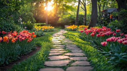 Sunlit garden path lined with colorful tulips.
