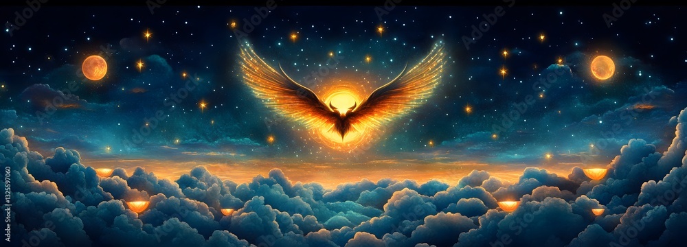 Canvas Prints a mystical creature with wings of light, soaring through a twilight sky filled with floating islands