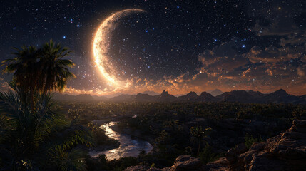 A serene, moonlit landscape reveals a crescent moon hanging in a starry sky over rugged mountains and a reflective river.
