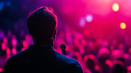 Male performer on stage with vibrant pink lights and enthusiastic crowd