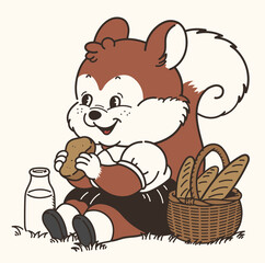 Vintage Squirrel Enjoying a Picnic – Retro Woodland Animal Illustration