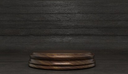 Round podium, wooden base, curved wooden floor for product display, showroom, 3D illustration