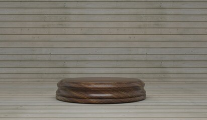 Round podium, wooden base, curved wooden floor for product display, showroom, 3D illustration