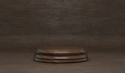 Round podium, wooden base, curved wooden floor for product display, showroom, 3D illustration