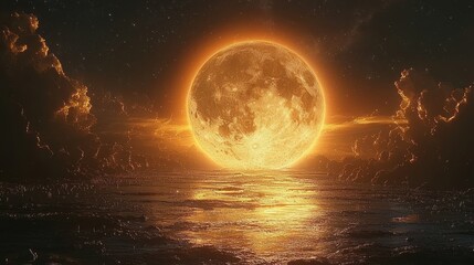 Orange full moon rising over dark ocean.