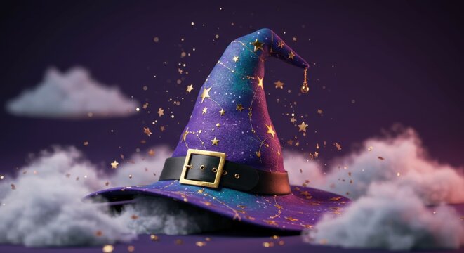 Magical wizard hat, cosmic galaxy pattern, starry night sky, fluffy white clouds, glowing particles, mystical, ethereal, fantasy, digital art, vibrant colors, purple and blue hues, golden buckle, whim