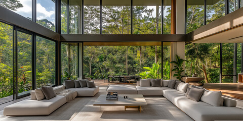 Fototapeta premium Ein modernes Wohnzimmer mit bodentiefen Fenstern bietet Blick auf den Wald mit seinen vielen großen Bäumen, grauen Sofas und Couchtischen. Diese Szene bietet einen weiten Blick auf die großzügigen Räu