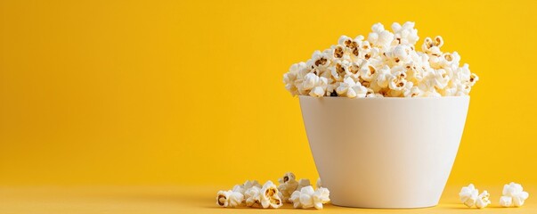 A bowl of fluffy popcorn sits against a vibrant yellow background, with a few kernels scattered nearby, creating a cheerful snack scene.