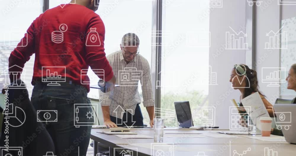 Poster in office, diverse team discussing business meeting with data analytics animation