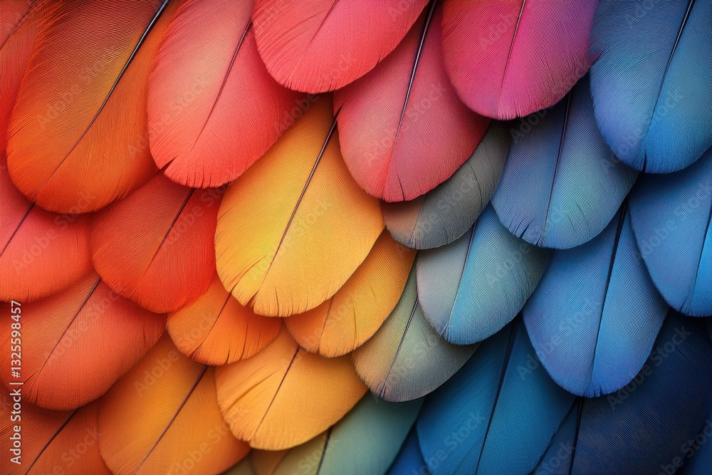 Poster colorful feathers create a vibrant display showcasing a range of warm and cool tones in close-up vie