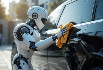 Robot cleaning a car in a modern urban environment